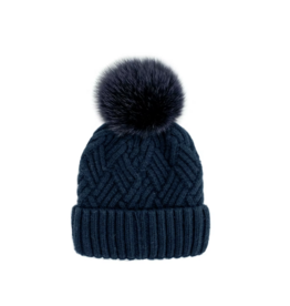 Chunky Knit Hat with Fox Fur - Navy