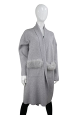 Long Cardigan with Fox Fur Trim Grey - WRVM02