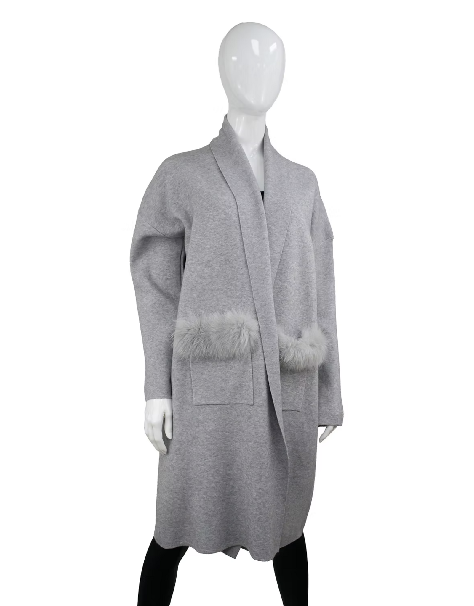 Cardigan Long avec Fourrure de Renard Gris - WRVM02