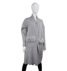 Long Cardigan with Fox Fur Trim - Grey
