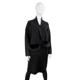 Long Cardigan with Fox Fur Trim - Black