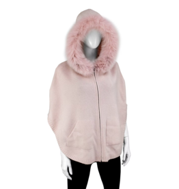 Hooded Poncho with Zipper and Fox Trim - Pink