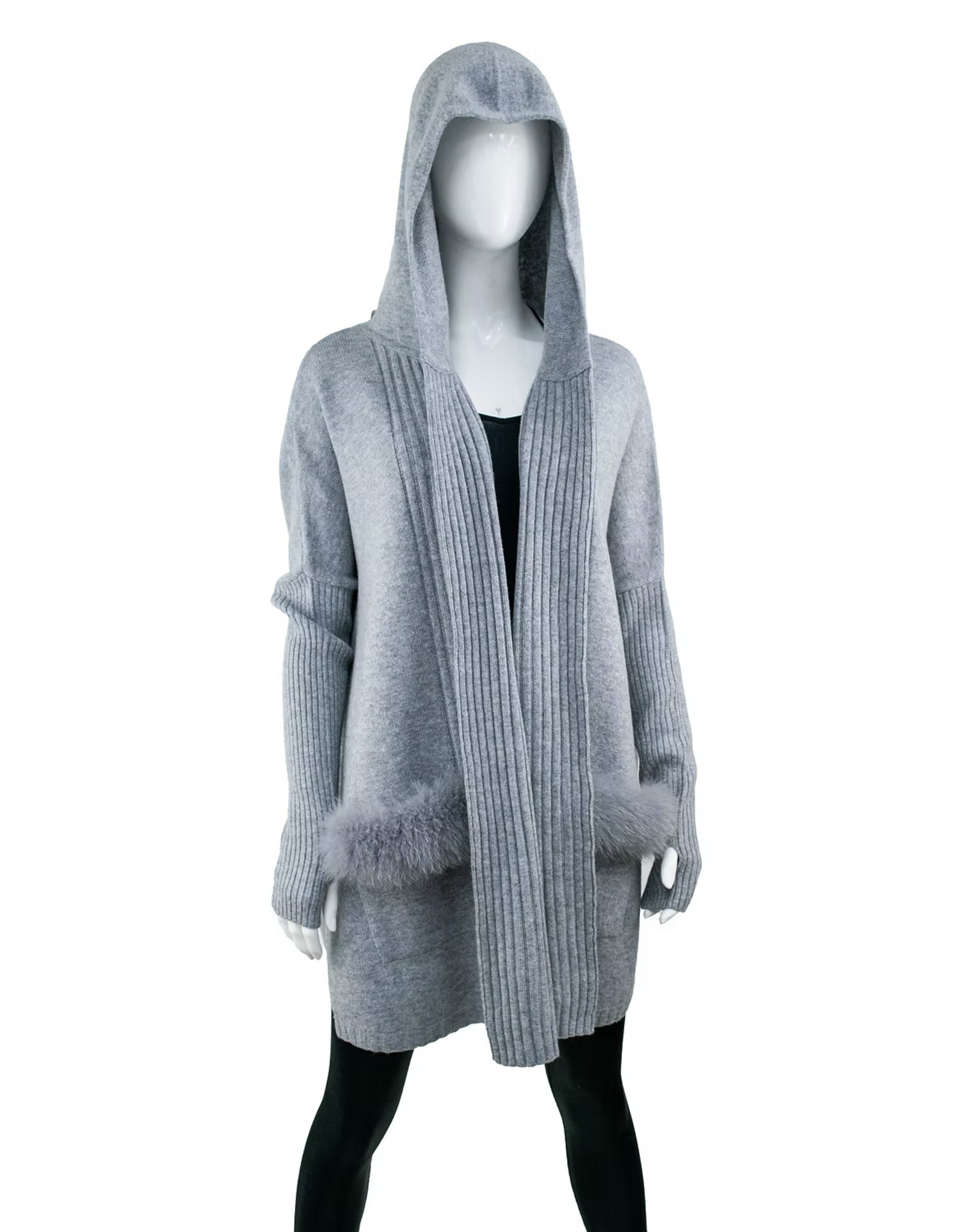 Hooded Cardigan with Fox Trim Pockets Grey - WRIM88