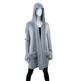 Hooded Cardigan with Fox Trim Pockets - Grey