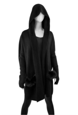 Hooded Cardigan with Fox Trim Pockets Black - WRIM88