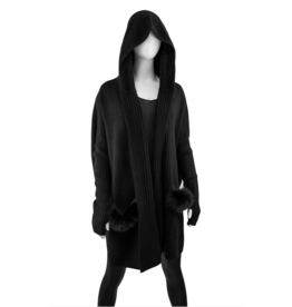 Hooded Cardigan with Fox Trim Pockets - Black