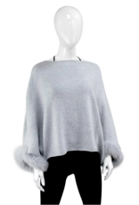 Poncho with Fox Fur Trim Sleeves Light Grey - POIM70