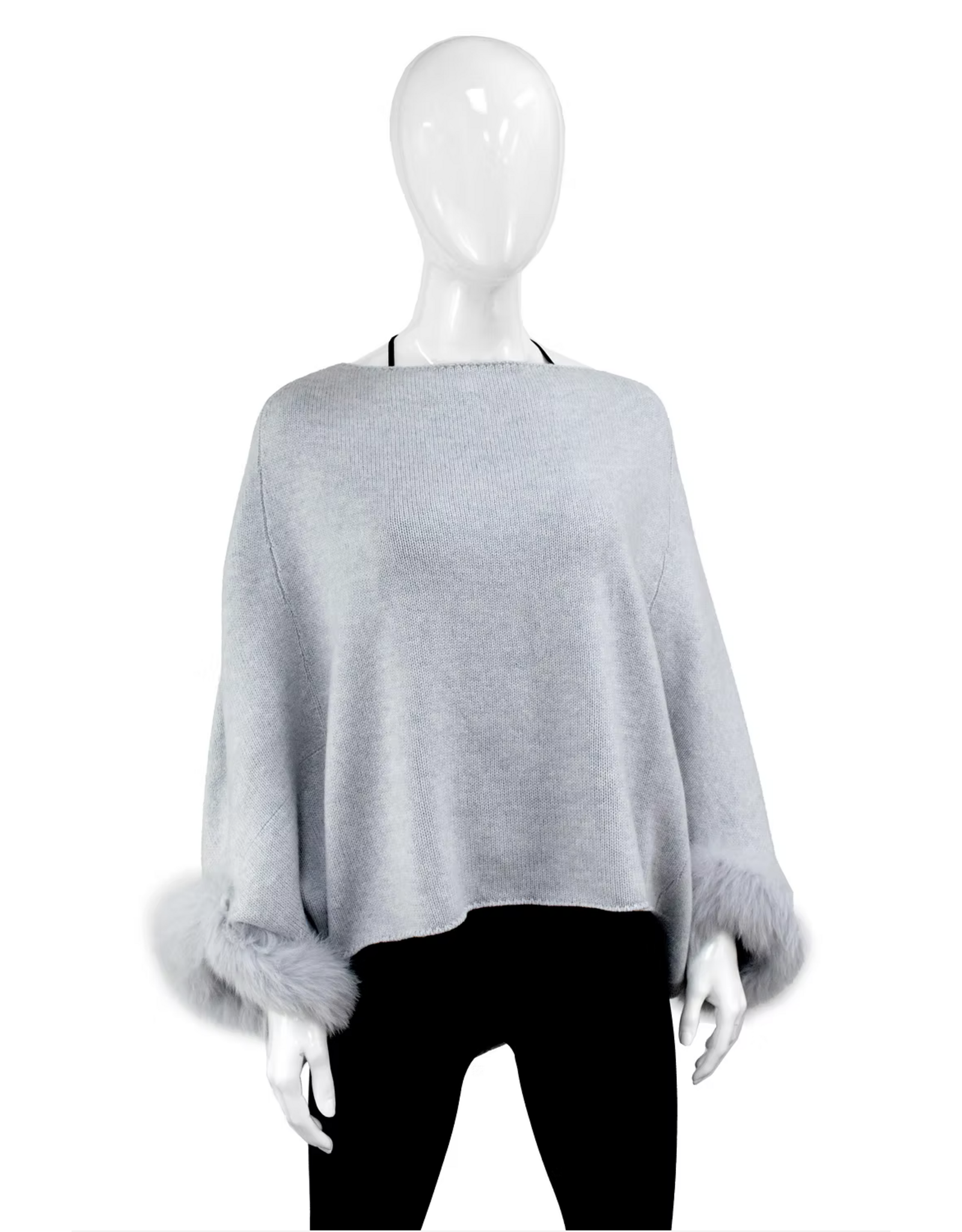 Poncho with Fox Fur Trim Sleeves Light Grey - POIM70