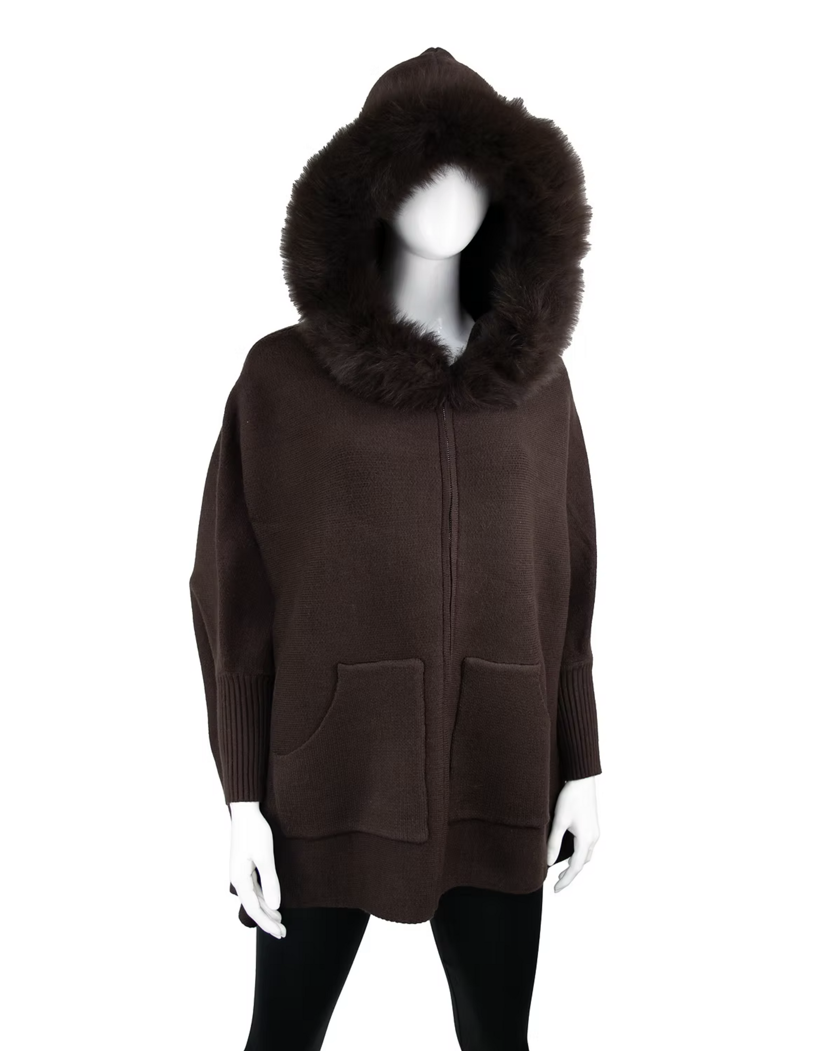 Hooded Poncho with Zipper and Fox Fur Brown - POYU40