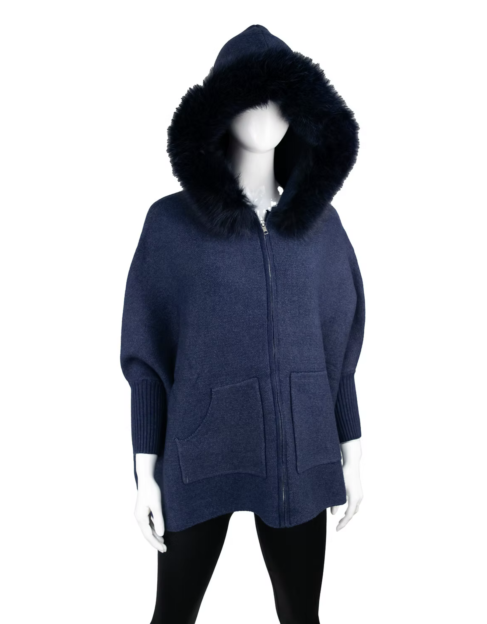Hooded Poncho with Zipper and Fox Fur Navy - POYU40