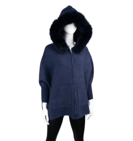 Hooded Poncho with Zipper and Fox Fur - Navy