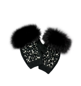 Fingerless Gloves with Pearls - Black