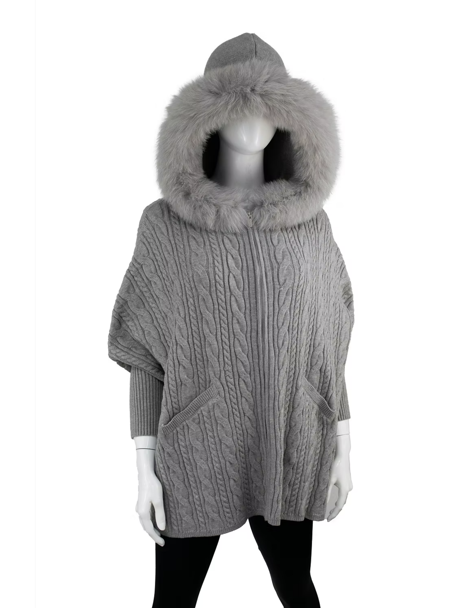 Poncho avec Capuche en Renard Cable Gris - POYU42