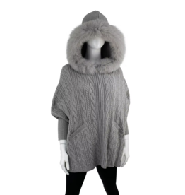 Poncho avec Capuche en Renard Cable - Gris
