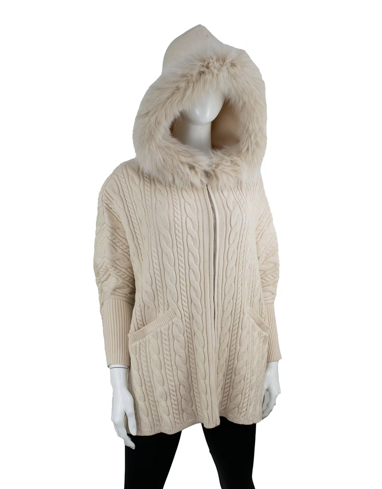 Hooded Cable Poncho with Fox Fur Pearl - POYU42
