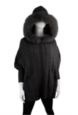 Hooded Cable Poncho with Fox Fur Black - POYU42