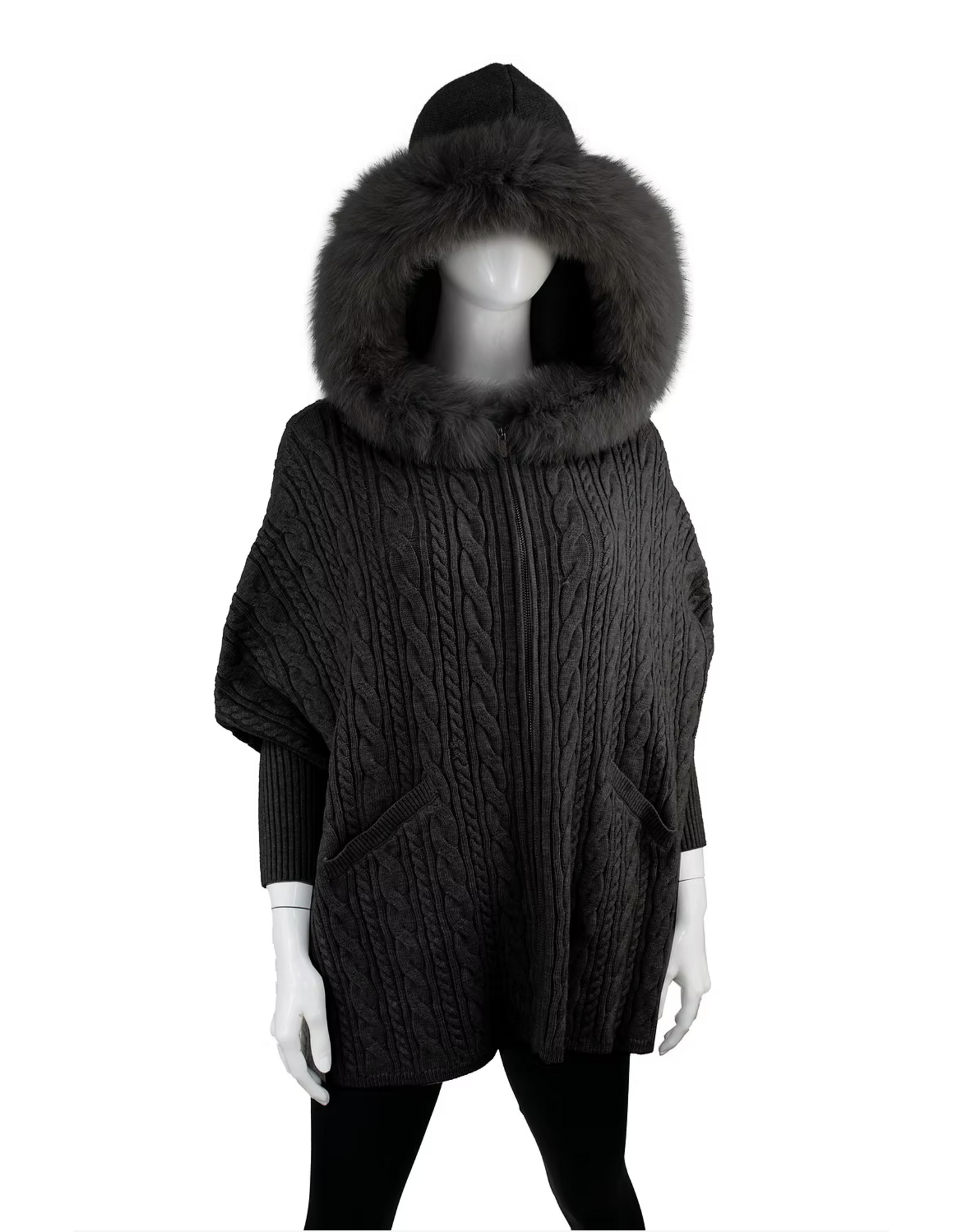 Poncho avec Capuche en Renard Cable Noir - POYU42