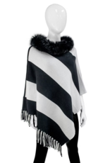 Reversible Poncho with Fringe and Fox Fur Black - POYU10