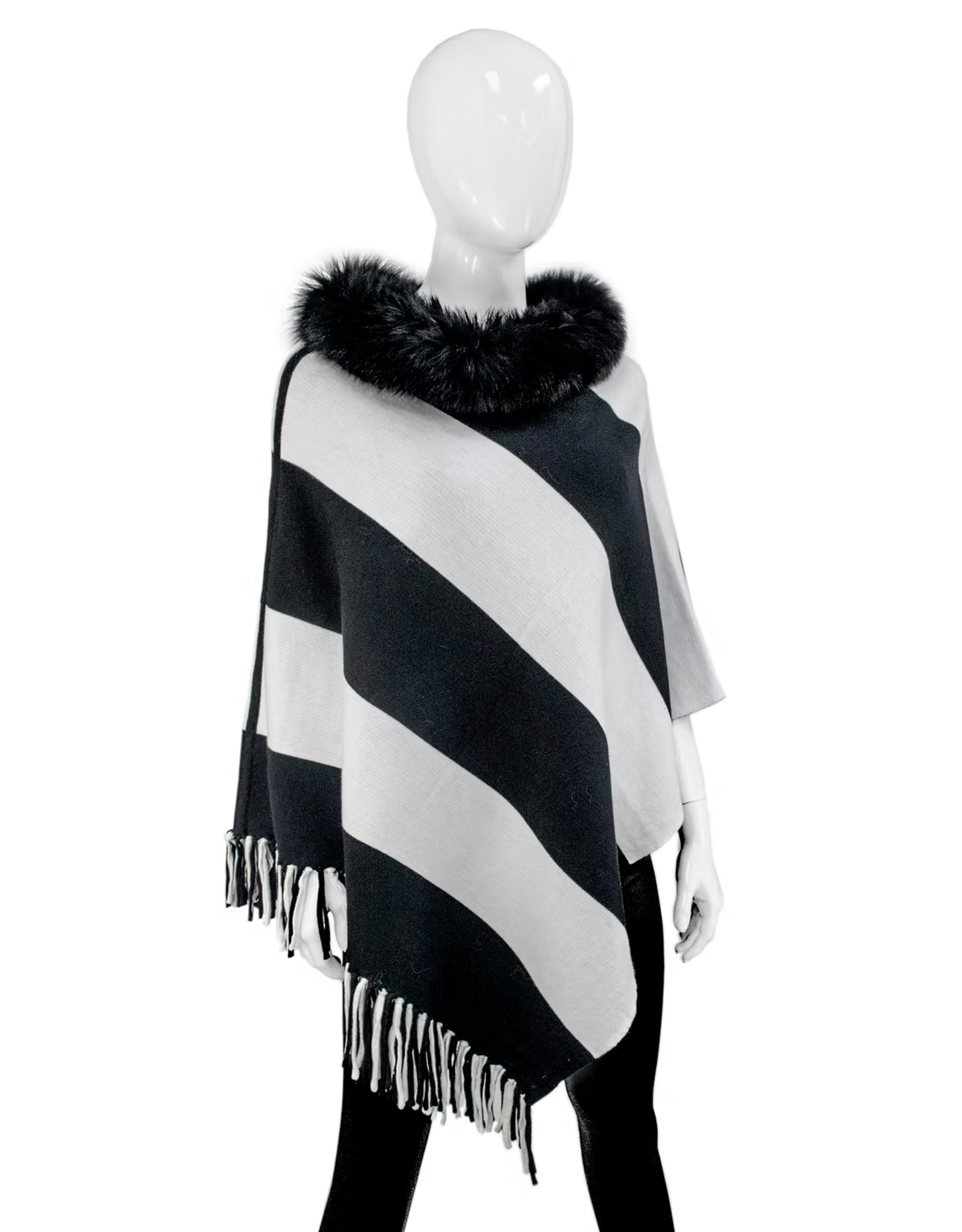 Reversible Poncho with Fringe and Fox Fur Black - POYU10