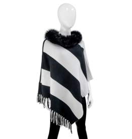 Reversible Poncho with Fringe and Fox Fur - Black