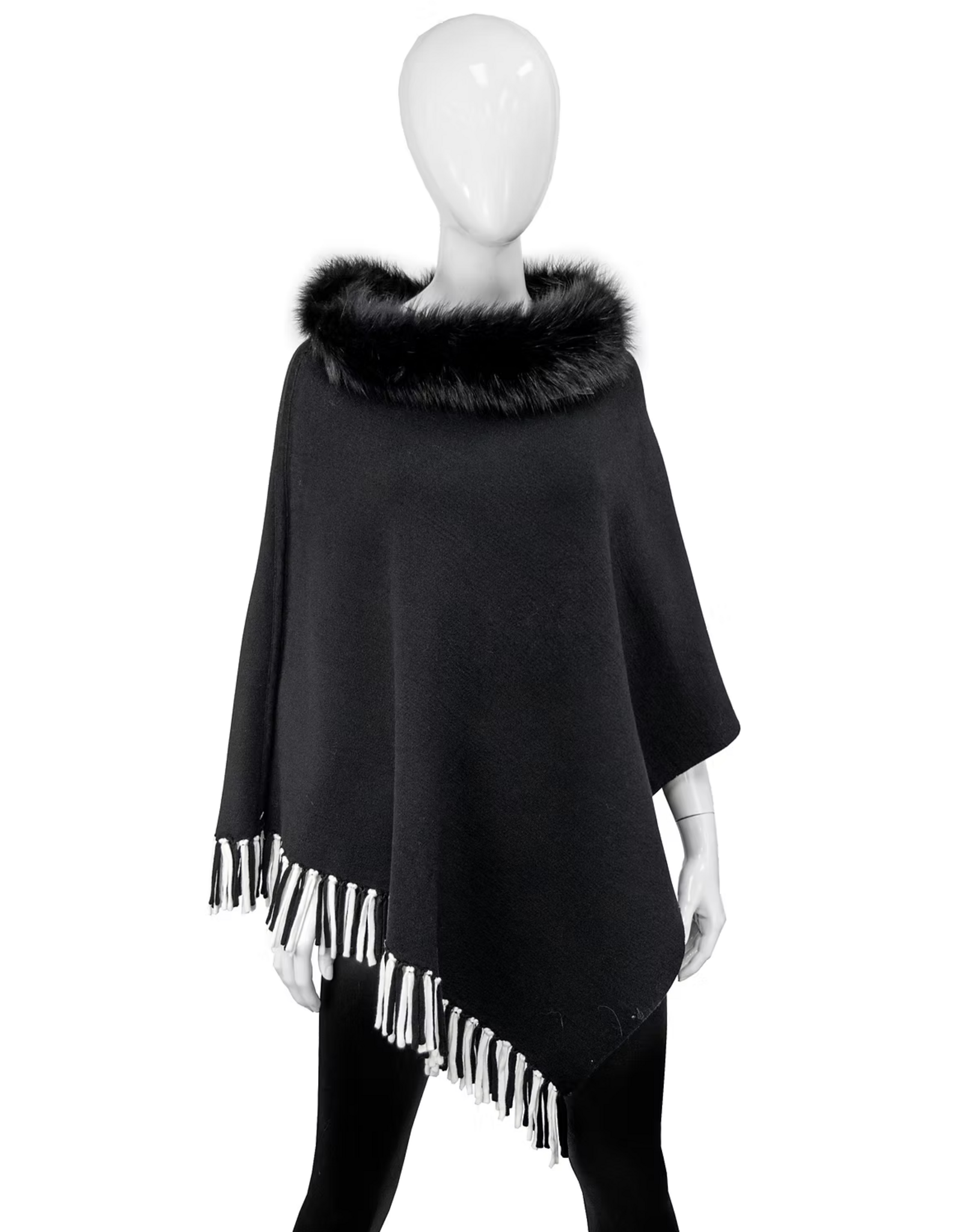 Reversible Poncho with Fringe and Fox Fur Black - POYU10