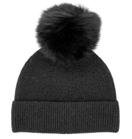 Sparkly Hat with Fox Fur Pom Pom - Black