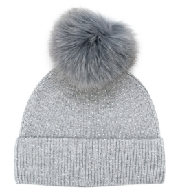 Sparkly Hat with Fox Fur Pom Pom - Grey