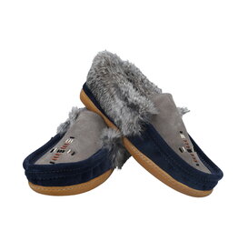 Mens Fur Lined Beaded Moccasin with Sole - Navy/Grey