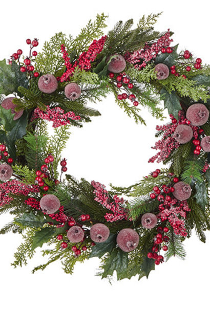 Iced Pomegranate | The Holiday Wreath Collection, Red & Green - 24 Inch x 6 Inch x 24 Inch