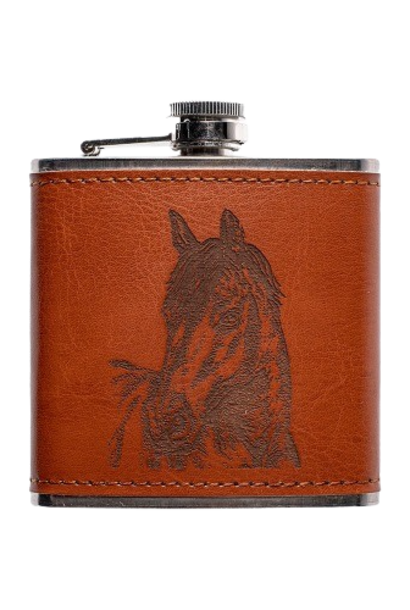 Horse | The Leather Hip Flask Collection, Brown & Black - 4.33 Inch x 3.94 Inch x 1 Inch