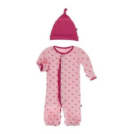 Kickee  Pants Print Ruffle Layette Gown Converter & Single Knot Hat Set - Lotus Cherries and Blossoms