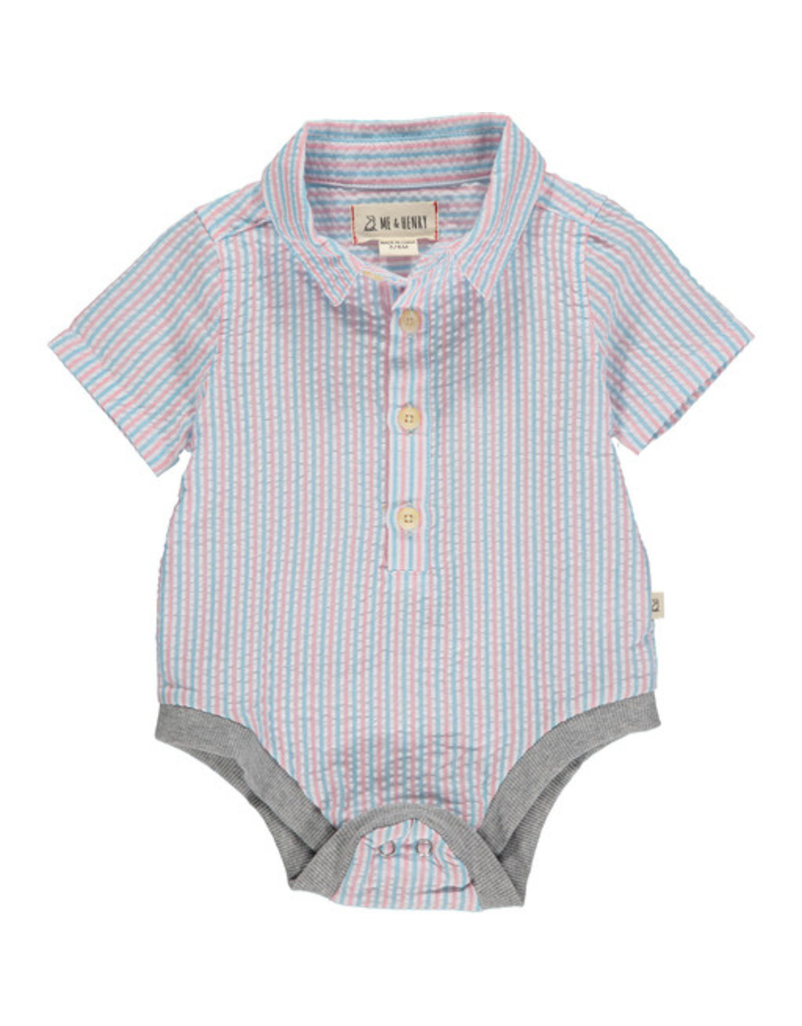 Me & Henry Helford Short Sleeved Onesie - Sky/Pink Seersucker