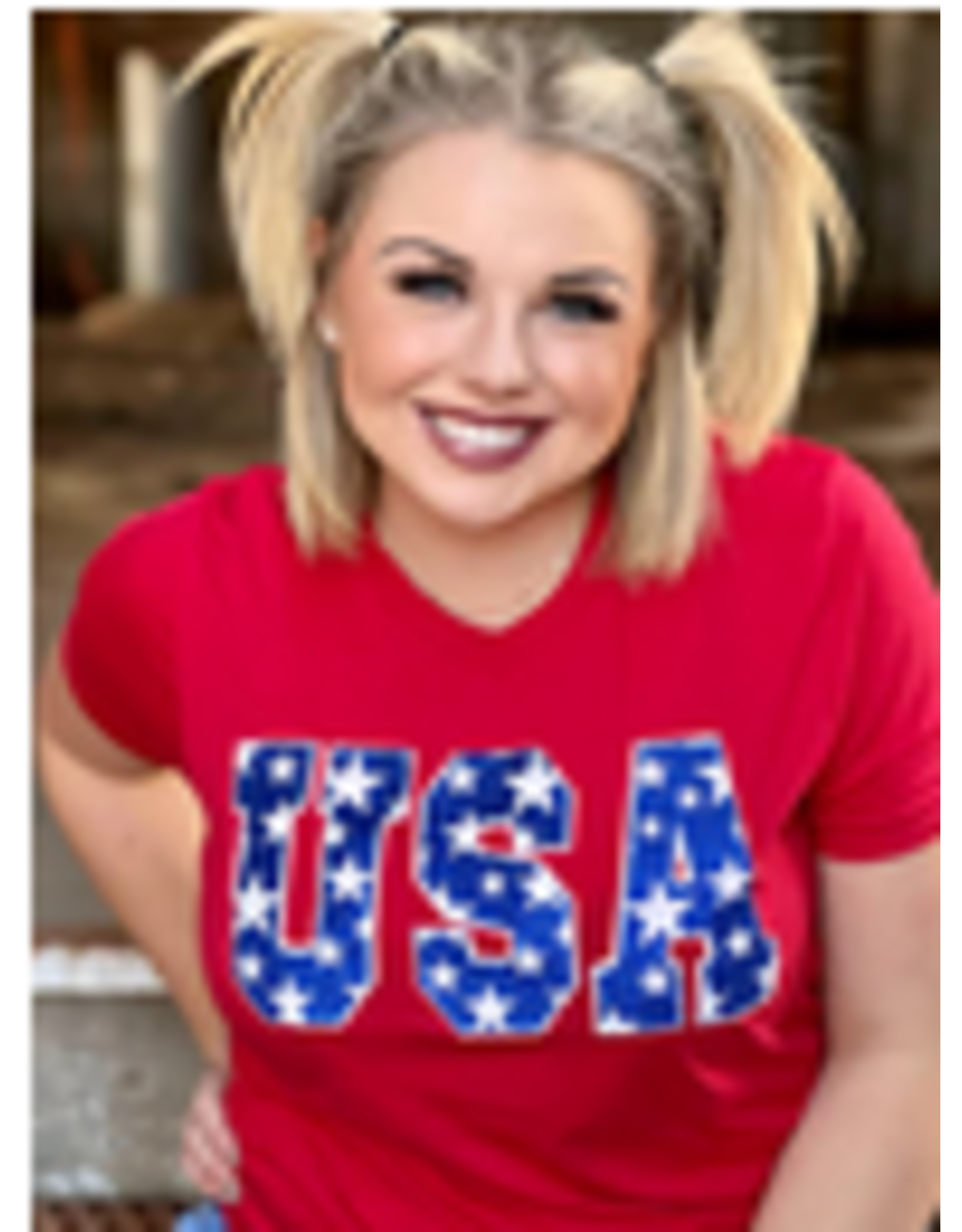 Texas True Threads USA Tee with Stars in Blue Glitter-Red