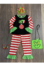 The Hair Bow Company The Grinch Hand Red & White Stripe W/ Green Ruffle Set