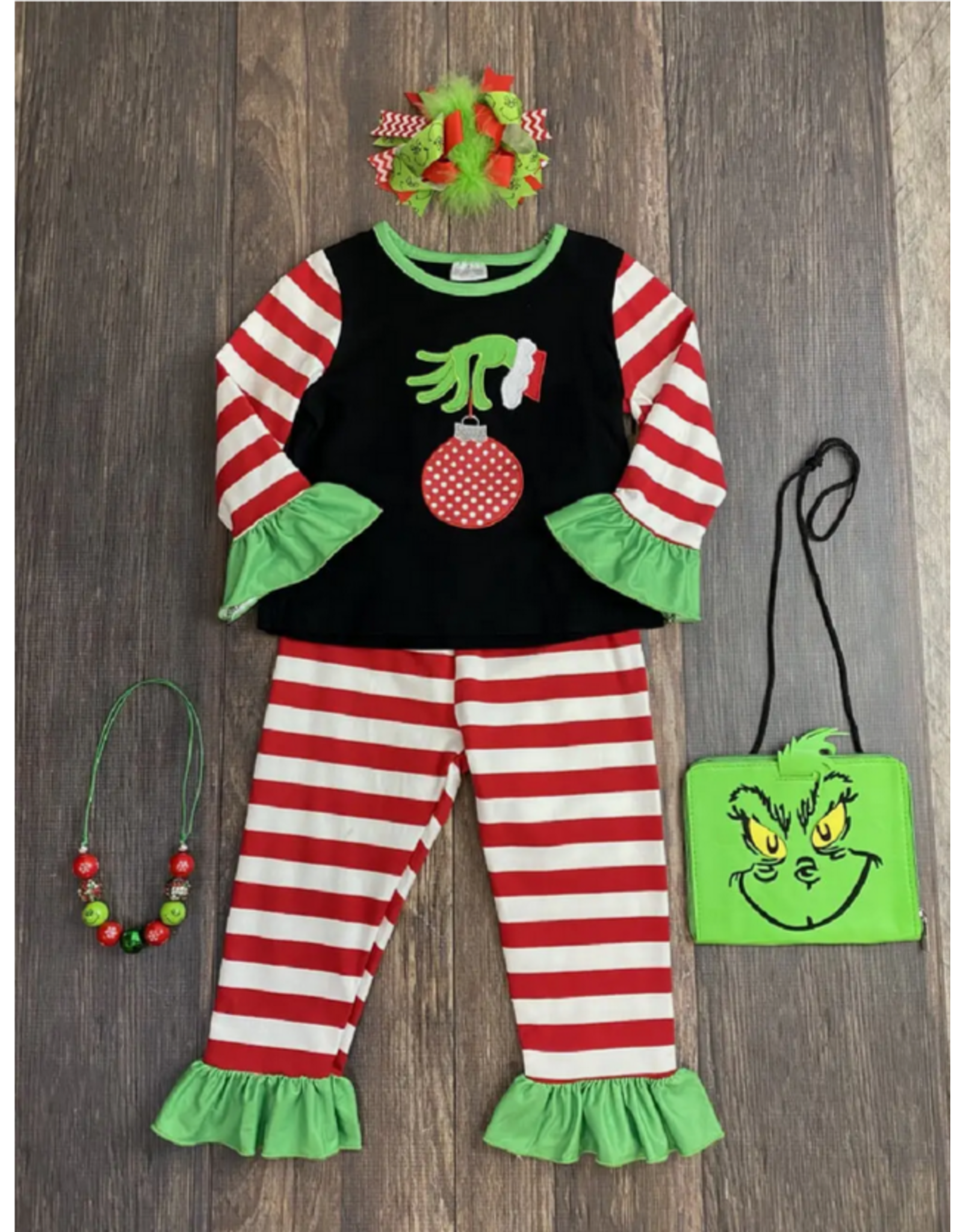 The Hair Bow Company The Grinch Hand Red & White Stripe W/ Green Ruffle Set