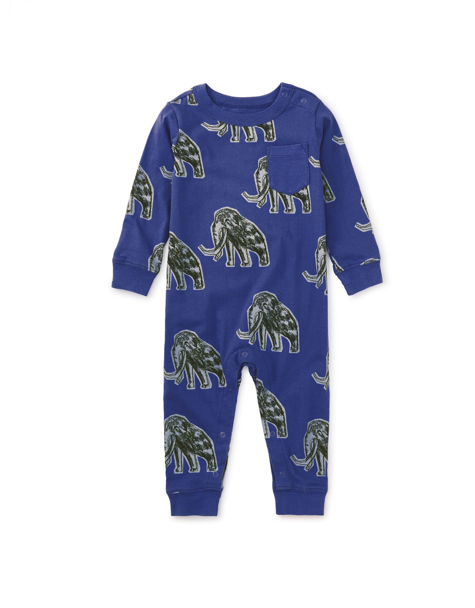 Tea Collection Long Sleeve Pocket Baby Romper~Wooly Mammoth Stamp