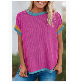 Little Daisy Closet Textured Colorblock Round Neck T Shirt-Pink Multicolor