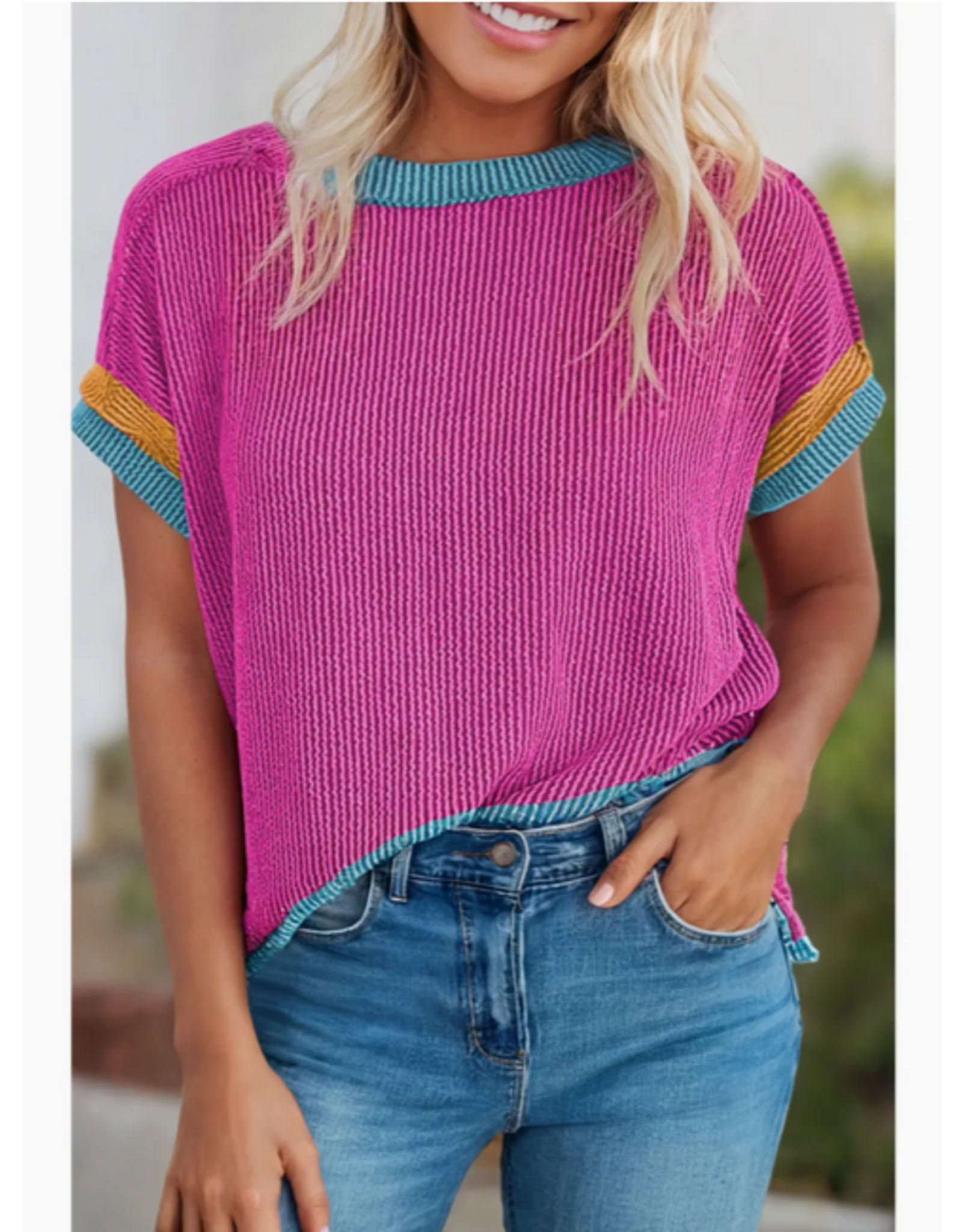 Little Daisy Closet  Textured Colorblock Round Neck T Shirt-Pink Multicolor
