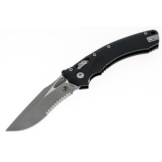 Microtech Microtech - Amphibian Ram-Lok - Apocalyptic Partial Serrated Black Fluted G10