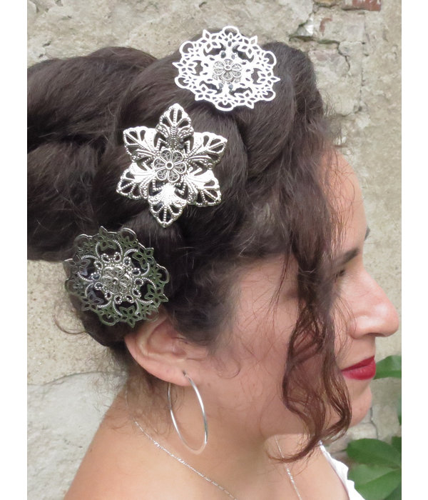 Tribal Fusion Hair Flower Set, silver