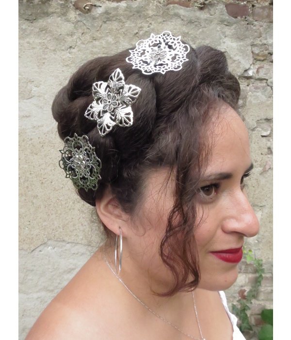 Tribal Fusion Hair Flower Set, silver