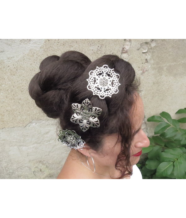 Tribal Fusion Hair Flower Set, silver