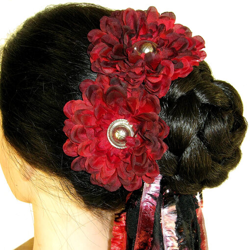 Black Red Button Hair Flower 2 x