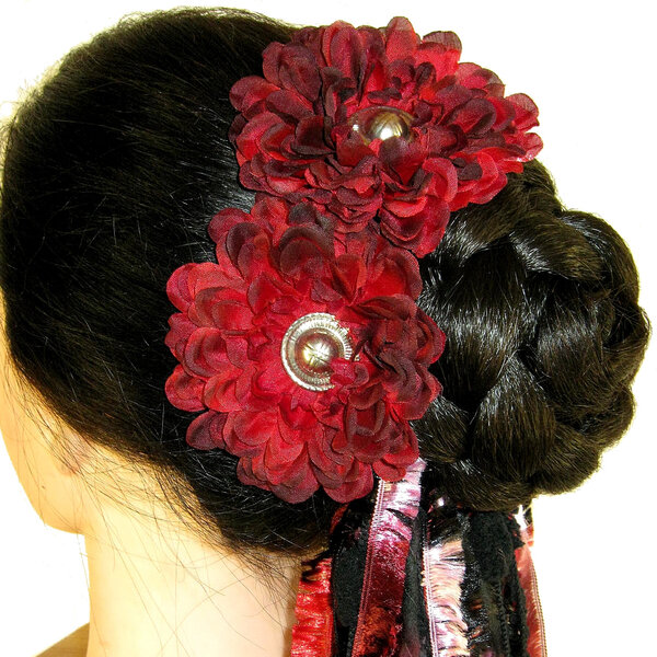 Black Red Button Hair Flower 2 x