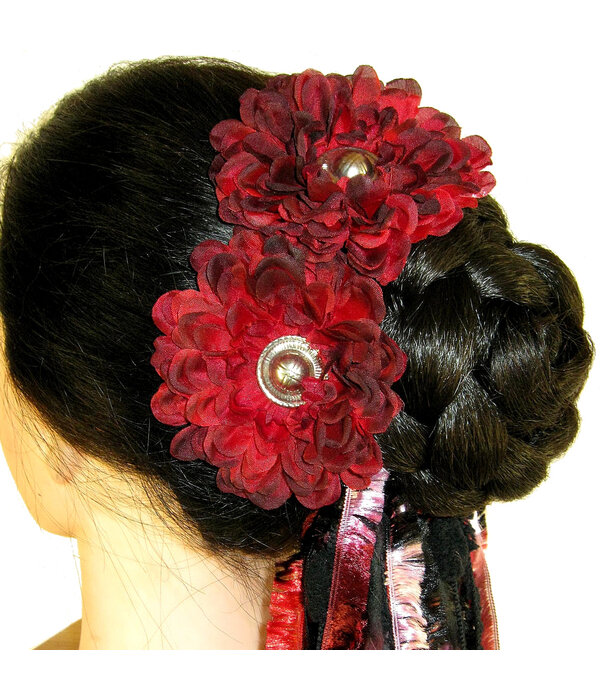 Black Red Button Hair Flower 2 x