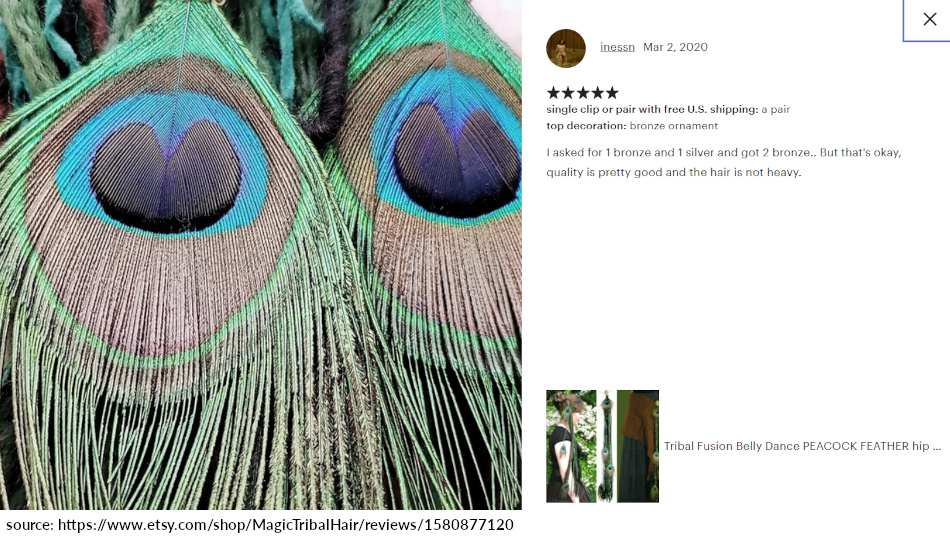 inessn review 5 stars elf yarn tassels green woodland fairy hair falls peacock feathers