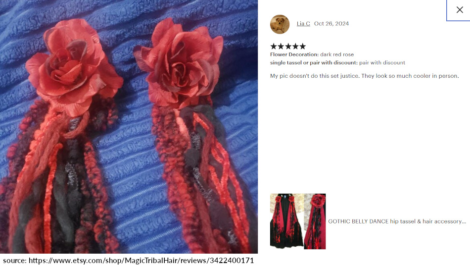 Lia C review 5 stars tribal fusion belly dance yarn falls costume hip tassels red black with red roses