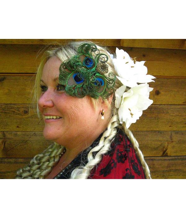 Boho Bride Peacock Feather Headpiece - antique brass flower