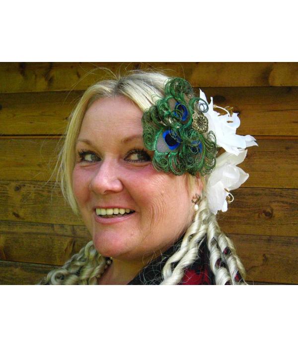 Boho Bride Peacock Feather Headpiece - antique brass flower