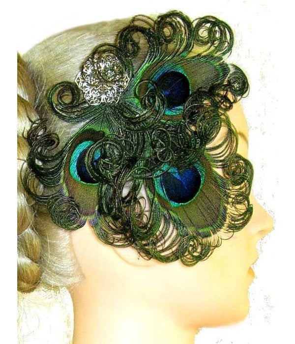 Peacock Feather Headpiece - silver flower